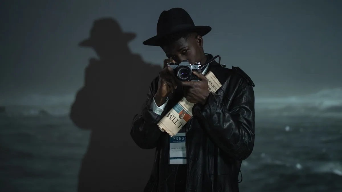 A man in a black hat and leather jacket captures a pictu 7611749