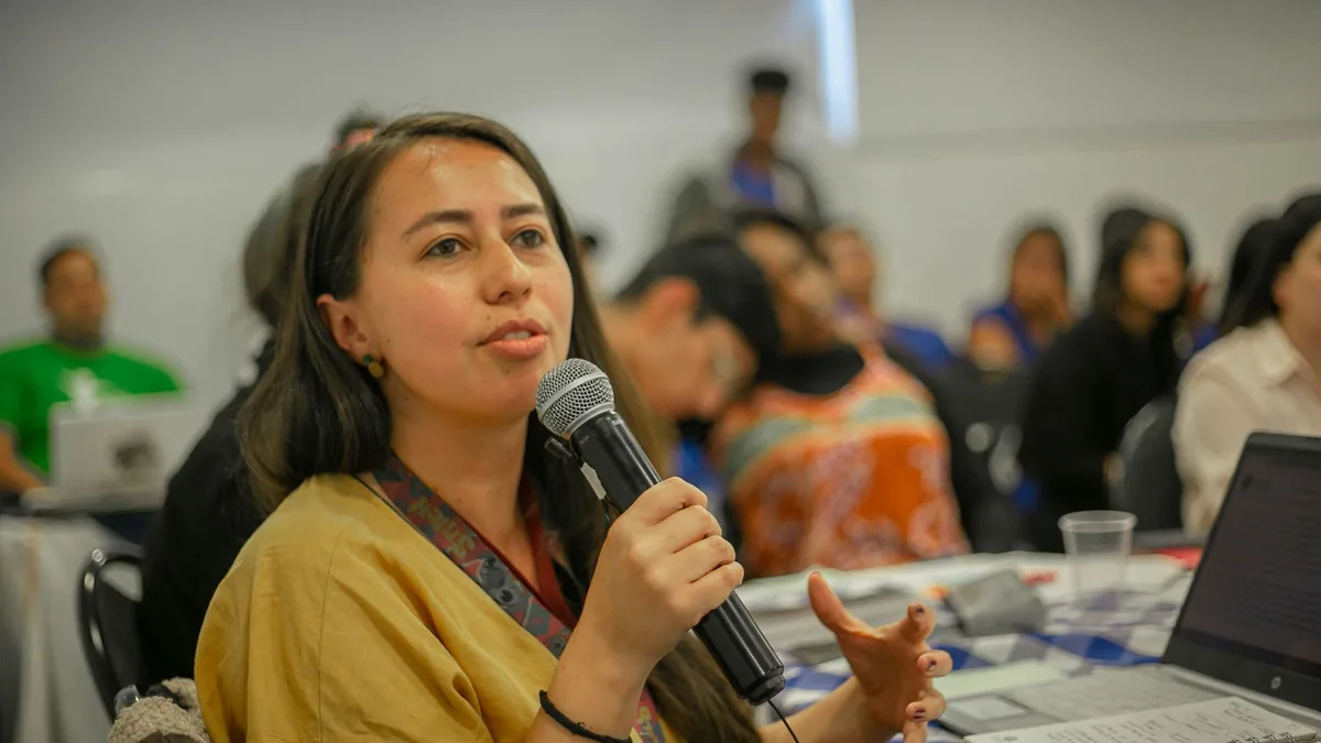 Young woman with microphone speaking during a classroom 17558086
